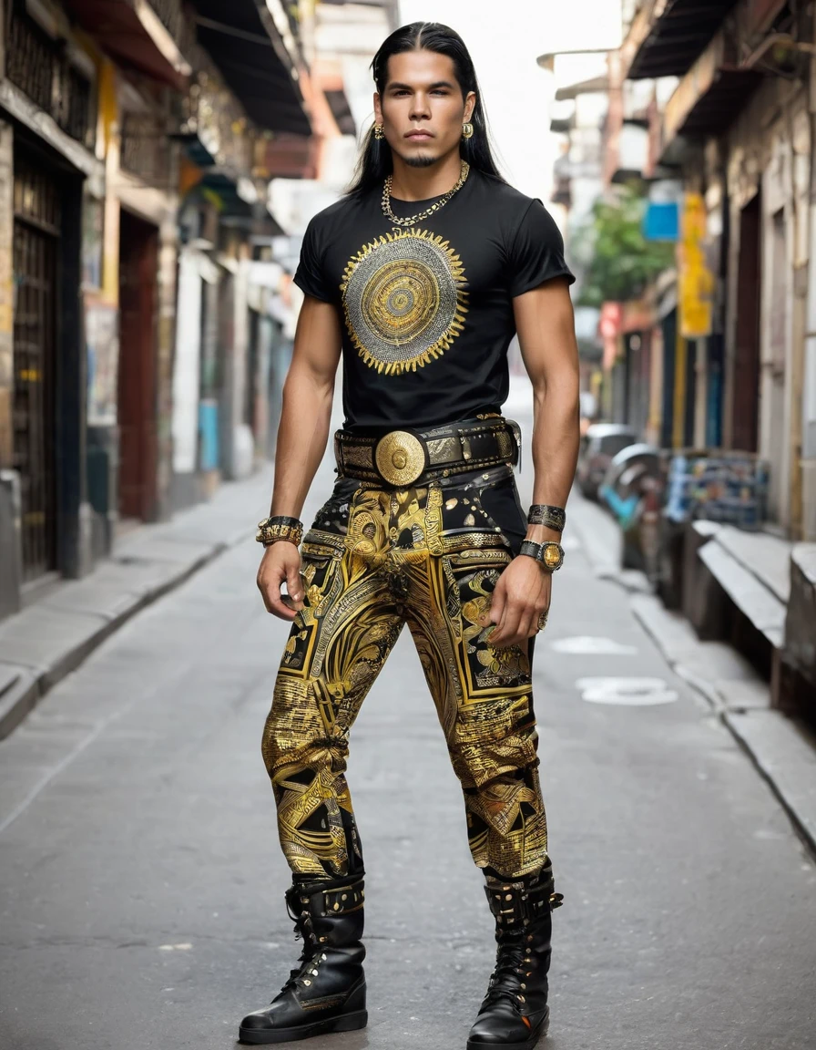 Rocker man with t-shirt with prints of Colombian indigenous designs, like the muiscas, only gold colors, silver and black in the design with the prints Black military pants, co belt. rear chains, buckles and studs.
Military boots or black tennis shoes