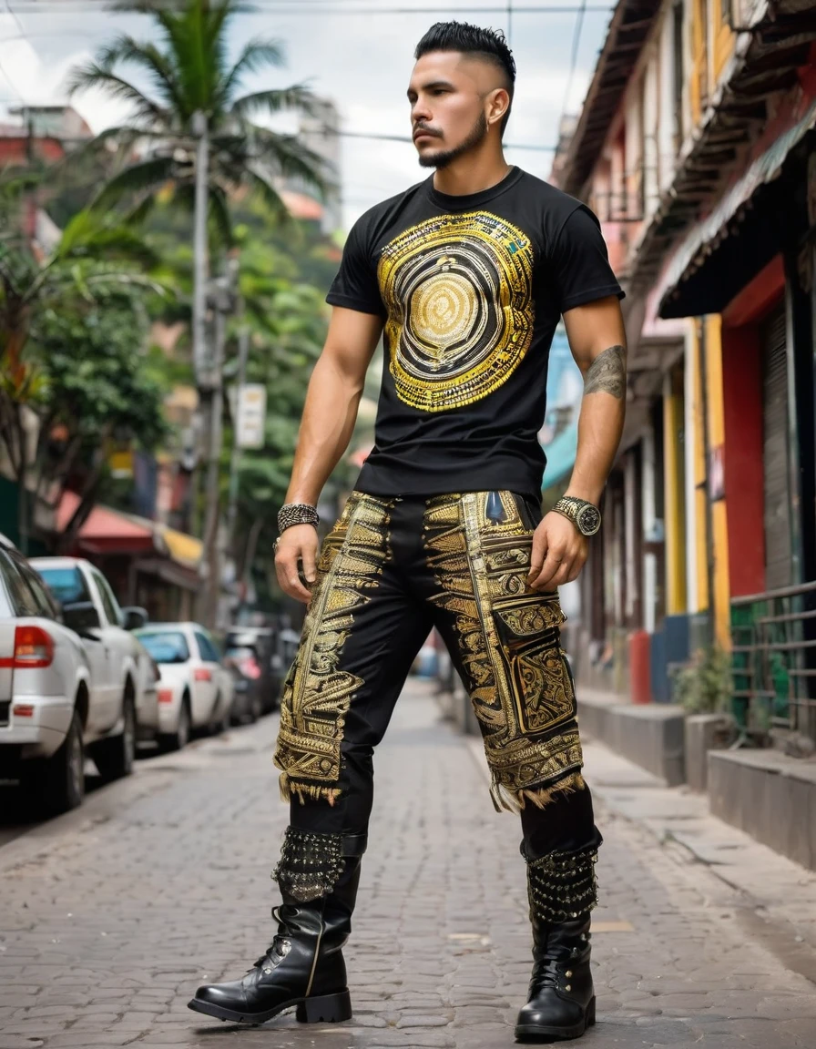 Rocker man with t-shirt with prints of Colombian indigenous designs, like the muiscas, only gold colors, silver and black in the design with the prints Black military pants, co belt. rear chains, buckles and studs.
Military boots or black tennis shoes