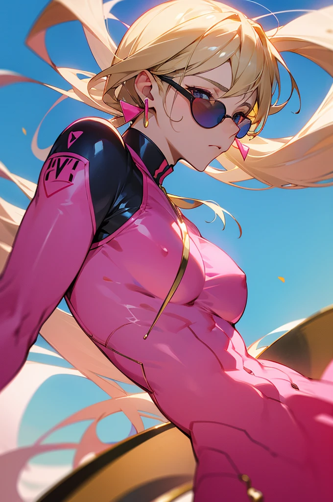 Adult male，rice hair，Eyes as blue as the sky，Pink sunglasses，Pink suit，Gold earrings，