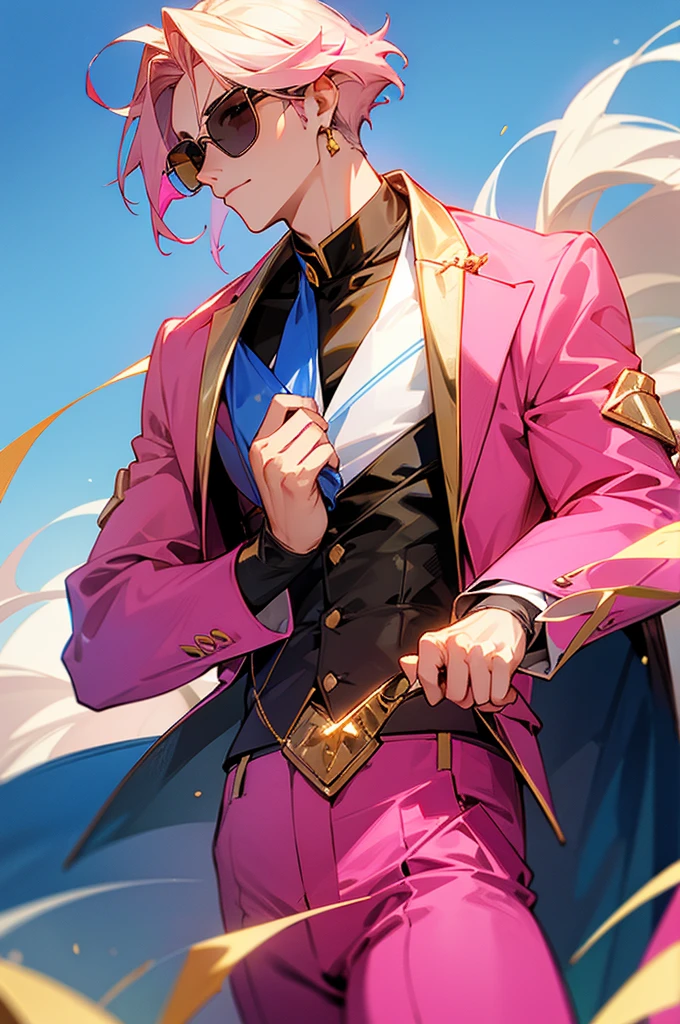 Adult male,rice hair,Eyes as blue as the sky,Pink sunglasses,Pink suit,Gold earrings,