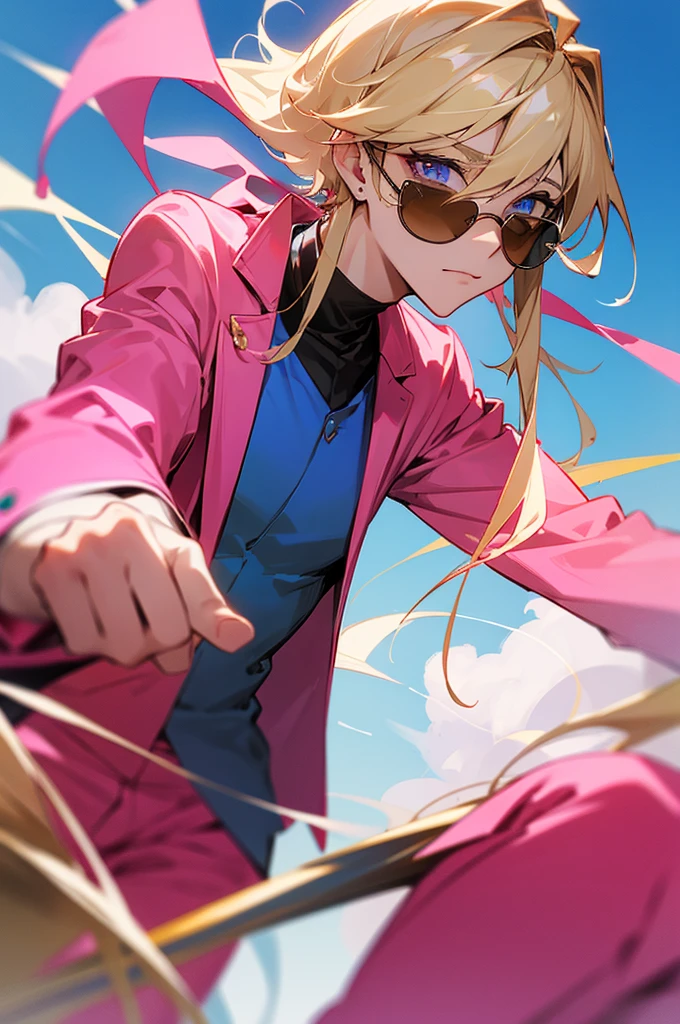 Adult male,rice hair,Eyes as blue as the sky,Pink sunglasses,Pink suit,Gold earrings,