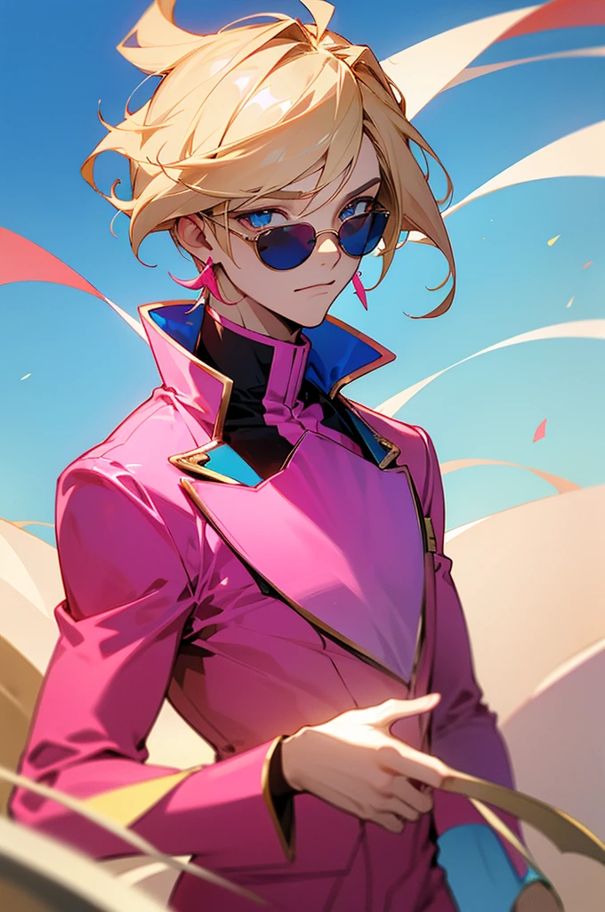 Adult male,rice hair,Eyes as blue as the sky,Pink sunglasses,Pink suit,Gold earrings,