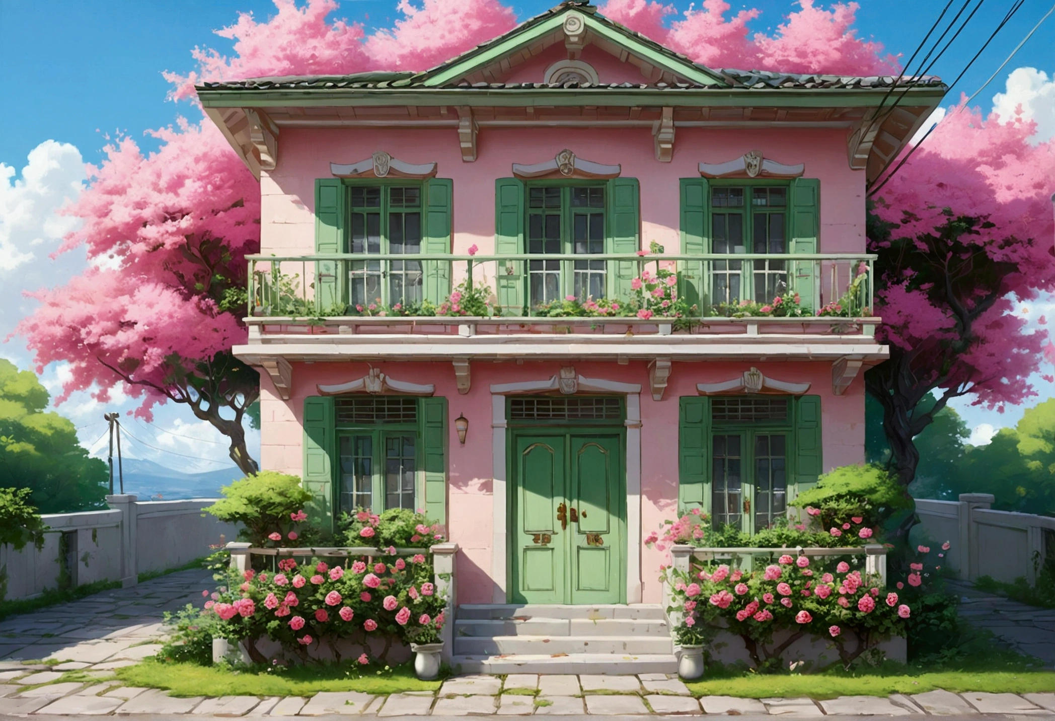 Painting of the exterior of a three-story small western-style building, white walls, light green doors and windows, pink rose flowers, flower vines, anime background art, relaxation concept art, anime landscape concept art, very detailed scenes, beautiful artwork illustrations, highly detailed scenes, environmental design illustrations, beautiful anime scenes, anime scenery, detailed soft painting, environmental painting, bright color scheme, 3D wind