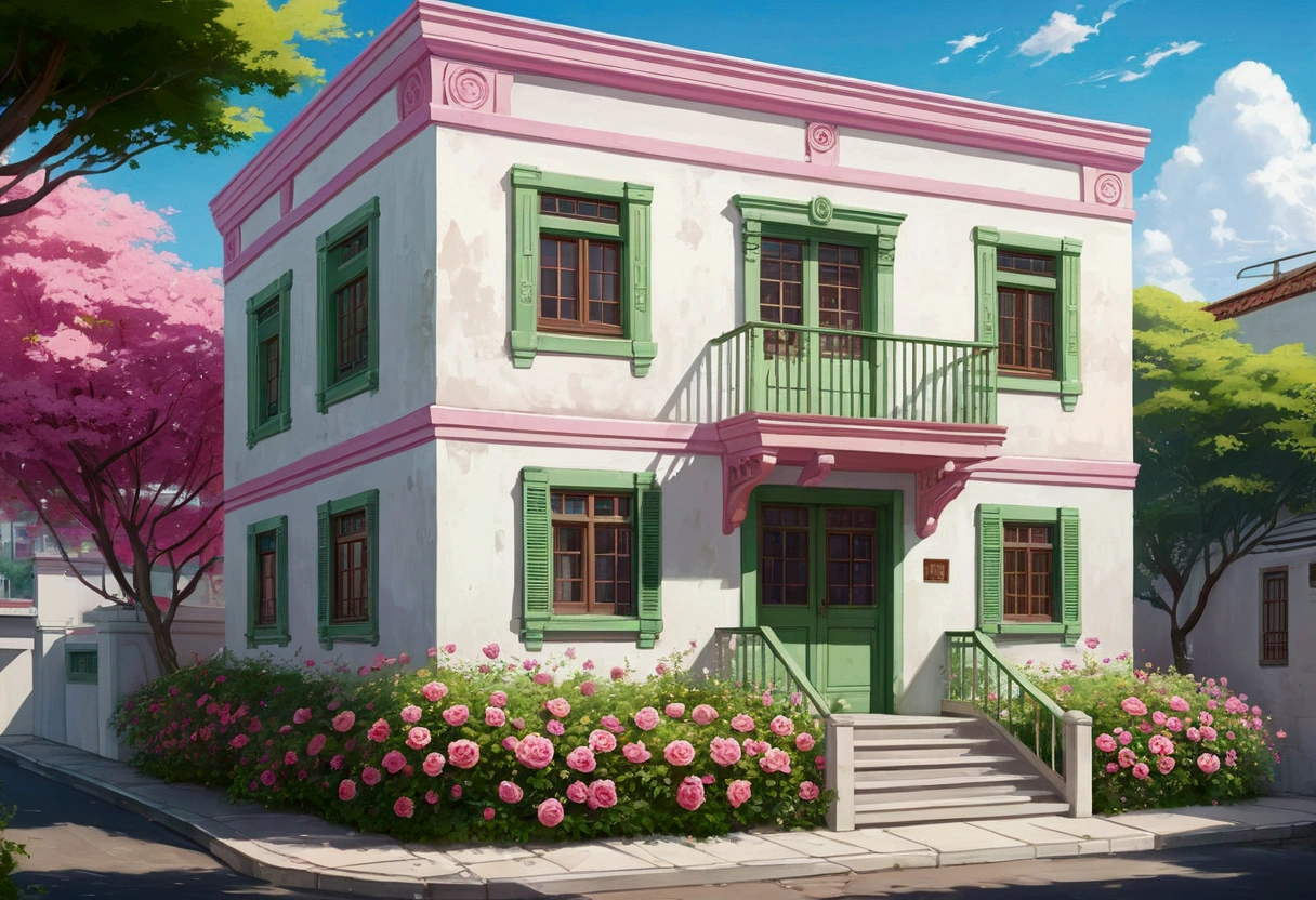 Painting of the exterior of a three-story small western-style building, white walls, light green doors and windows, pink rose flowers, flower vines, anime background art, relaxation concept art, anime landscape concept art, very detailed scenes, beautiful artwork illustrations, highly detailed scenes, environmental design illustrations, beautiful anime scenes, anime scenery, detailed soft painting, environmental painting, bright color scheme, 3D wind  