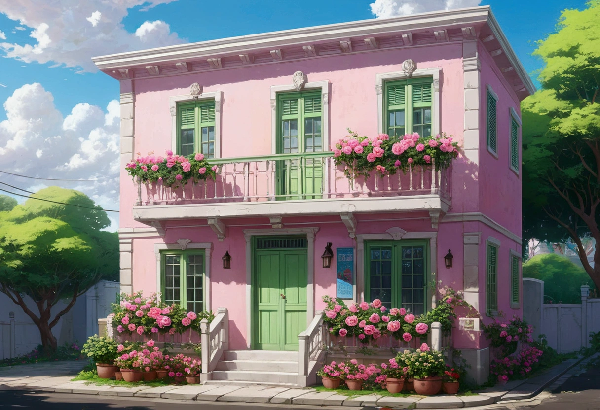 Painting of the exterior of a three-story small western-style building, white walls, light green doors and windows, pink rose flowers, flower vines, anime background art, relaxation concept art, anime landscape concept art, very detailed scenes, beautiful artwork illustrations, highly detailed scenes, environmental design illustrations, beautiful anime scenes, anime scenery, detailed soft painting, environmental painting, bright color scheme, 3D wind