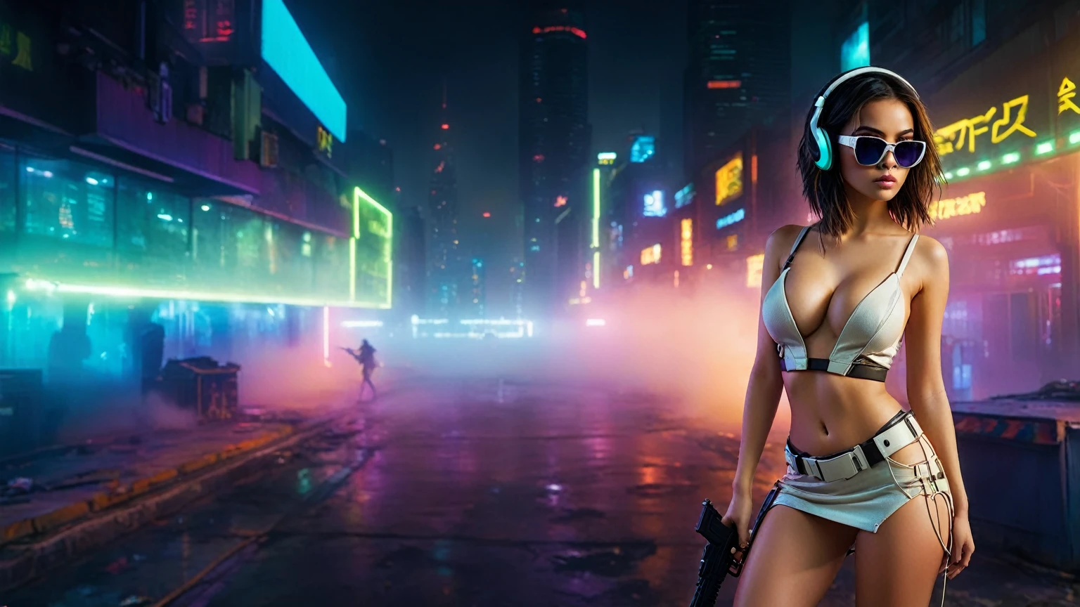 dark futuristic landscape, at night, neon lights, Atmospheric fog, large buildings in the background, futuristic city, streets with open shops, skyscraper (postapocalyptic city:1.3). (((1girl, solo, alone))), large-breast:1.2 slim body, cleavage:1.1, sexy miniskirt, (((headphone, black sunglasses, standing and holding pistol pose))), (((half-body thigh level medium shot))), cinematic lighting, lens flare, ray tracing.