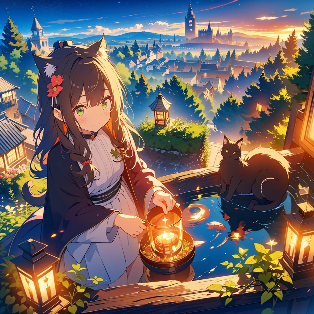 kawaii, anime, Cute, hyper quality, highly detailed, 8k, Front facing, Clarity, brown long hair, green eyes, smile, whole body, Cat ear, amaryllis, Amaryllis grows in clumps, top of the hill, A black cat near the girl, Cat ears stick out from the witch's hat, witch's black robe, fantasy, fog effect, particles of light, night, hill overlooking the town, bird's eye view, flower blooming hill, colorful amaryllis, Cityscape lit with lights, starry sky, clock tower, magic tools, You can see the cityscape in the distance, night view, western witch, Europe, cape,