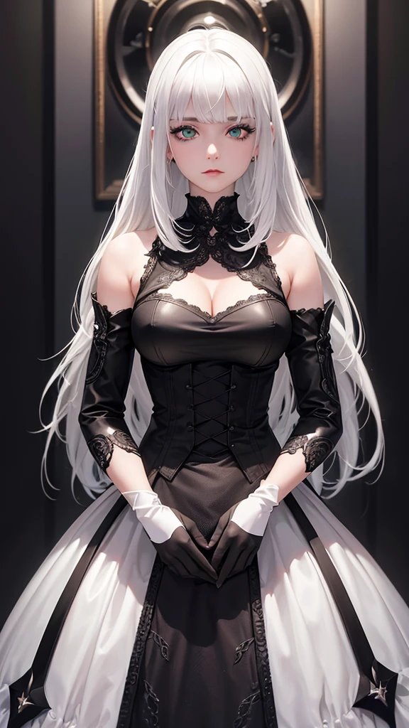 girl with white hair,with bangs, black gloves,  green eyes,gothic,4K, masterpiece, perfect body, stem,perfect eyes, perfect shading, perfect lighting, best quality, work of art, ultra detailed, detailed clothing