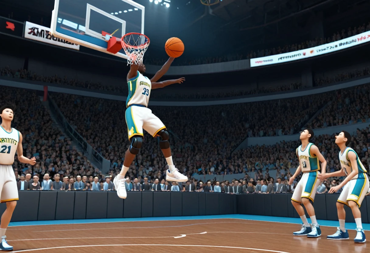 A scene from a Primitive Robots Basketball Game, Primitive Simple Robots Playing Basketball, Game-Winning Dunk Robot, Bottom view, Detailed, Clear, Texture smoothing, 4k