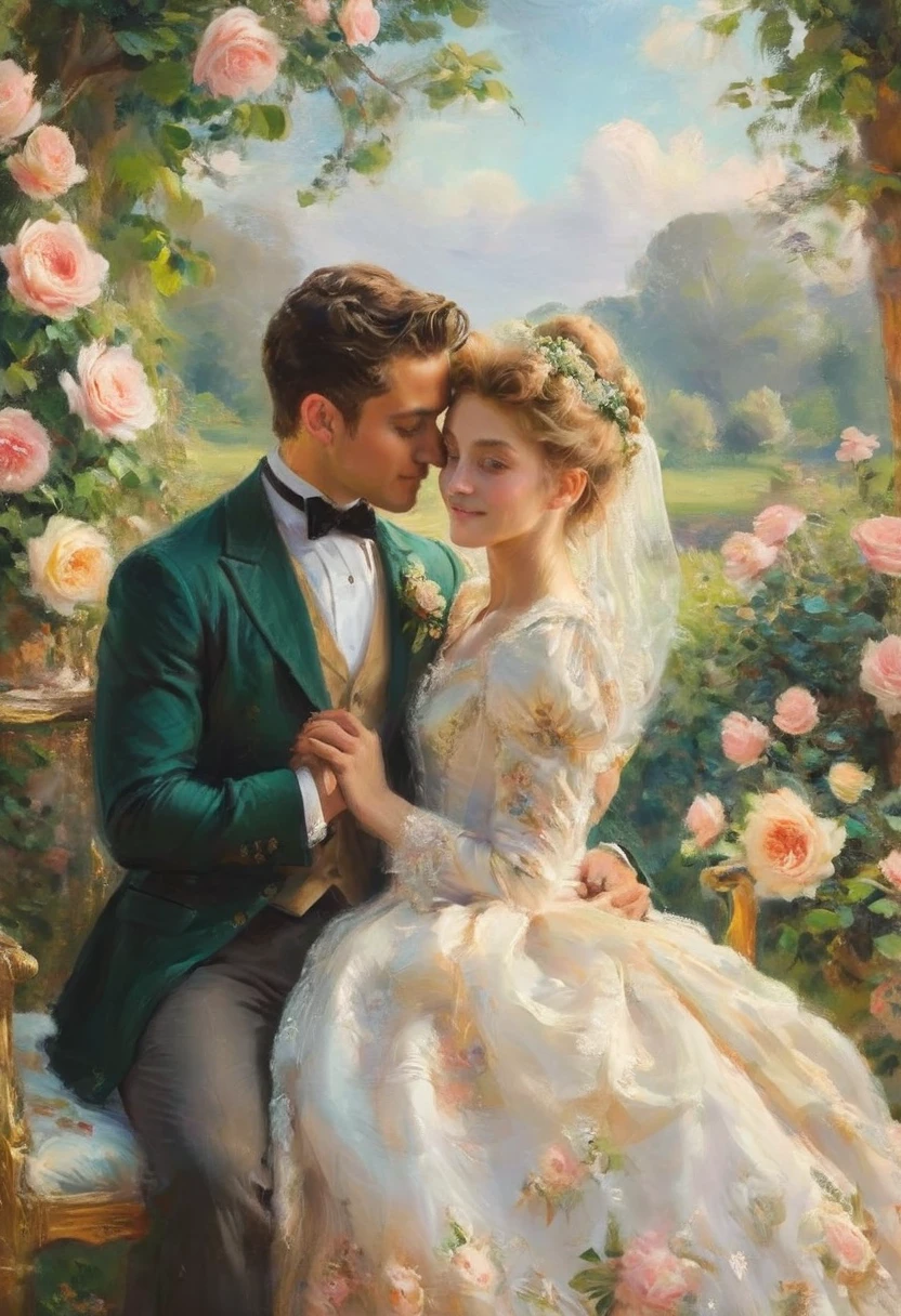 oil painting of handsome gay couple of hunk irish mens with a wedding suits,cuddling,in a beautiful rose swing,morning bright, warm vibrant,by beatrix potter,soft shadows,dreamy,etheral atmosphere,masterpiece,baroque,masterpiece,sharp details,massive level of details,trending on pinterest,
