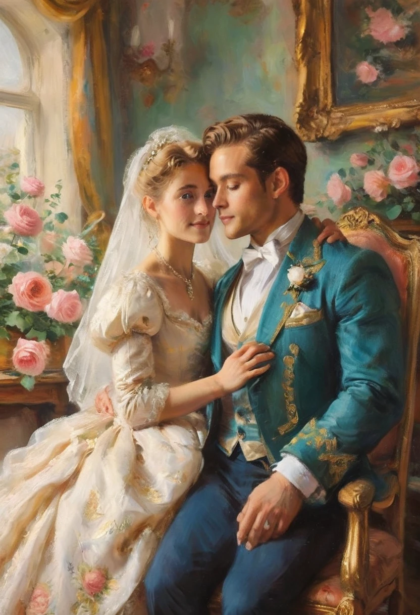 oil painting of handsome gay couple of hunk irish mens with a wedding suits,cuddling,in a beautiful rose swing,morning bright, warm vibrant,by beatrix potter,soft shadows,dreamy,etheral atmosphere,masterpiece,baroque,masterpiece,sharp details,massive level of details,trending on pinterest,
