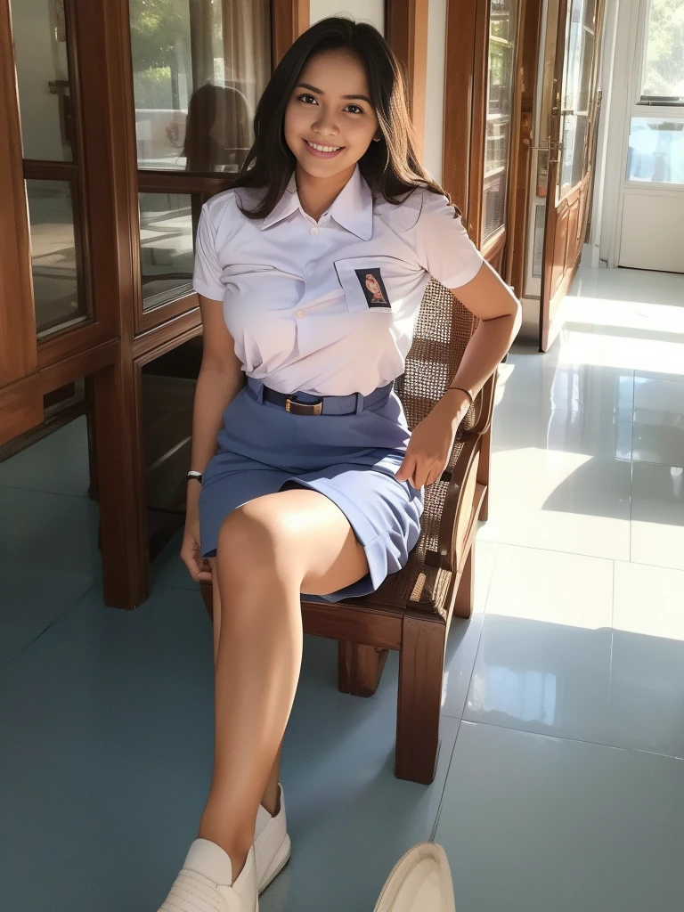 1girl, solo, (Indonesian_high_school_uniform), sitting, model pose, thighs out, legs crossed , Classroom, professional light, detailed face, detailed eyes, (seductive smile: 1.2), wide view, large fit body, large breasts, shiny skin, hands behind back, looking at viewers, wearing tight white shirt, wearing grey blue very short pants, (8k, RAW photo, best quality, masterpiece: 1.4), (realistic, realistic: 1.5), ultra-high resolution