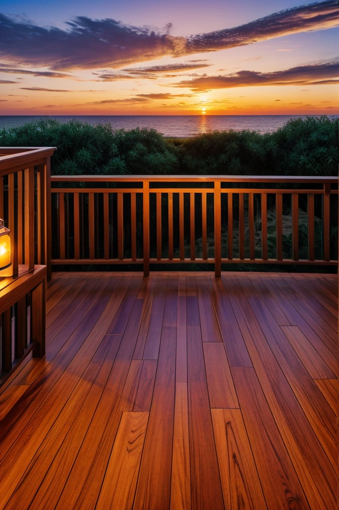 Master piece, best quality, Beach, sunset, orange purple sky, star in sky, balcony, potrait, wood floor, wood fence