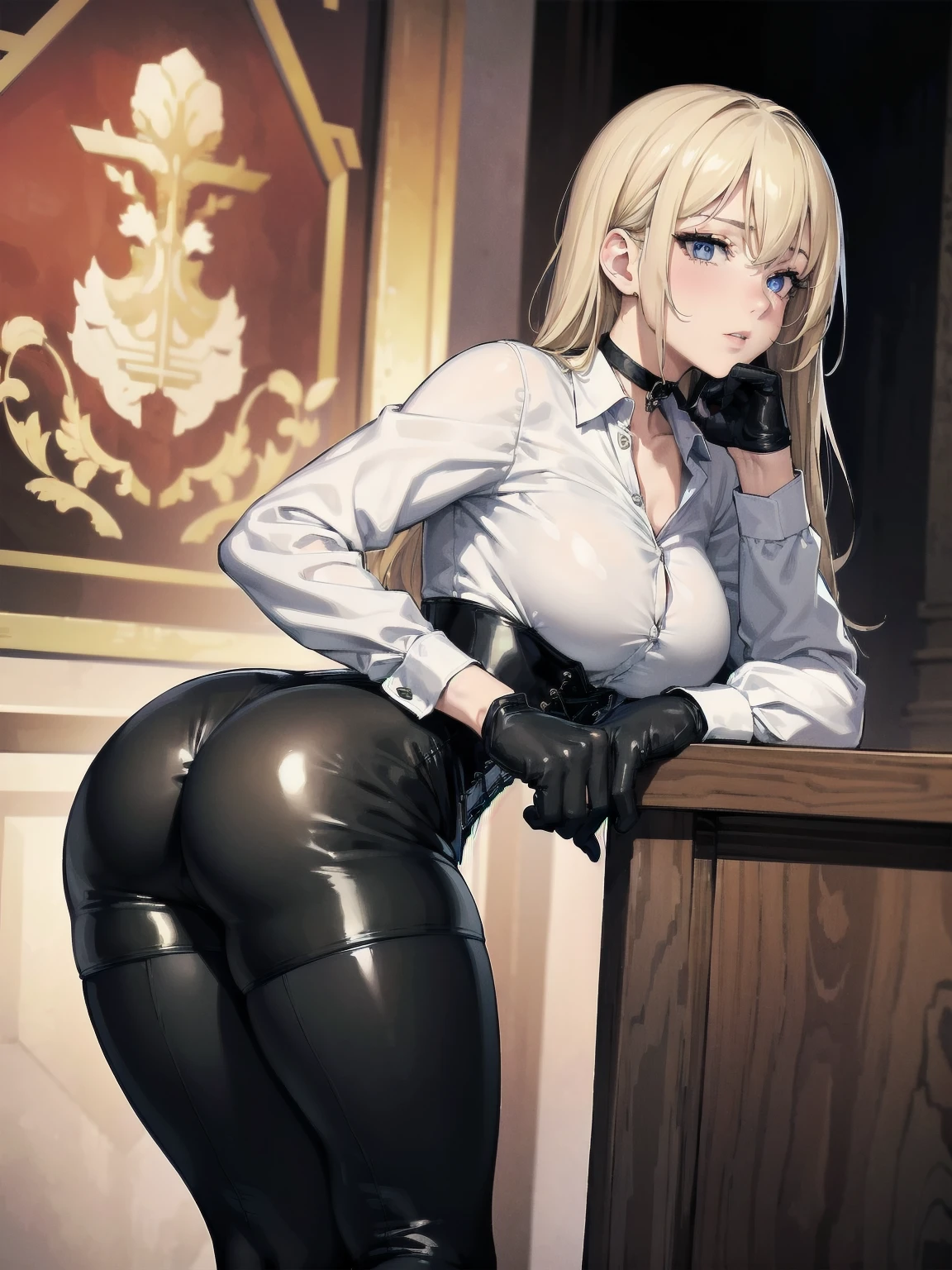 Masterpiece, Superior image quality, high resolution, 4k image,photo and gross, photorealistic, whole body,  Very detailed face, Detailed clothing, detailed fabric, torso leaning forward, 1 young girl of , torso leaning completely forward, showing the ass, perfect ass, perfectly drawn body, beautiful face, long blonde hair, Blue eyes, very detailed eyes, shy expression, choker:1.6, (white long sleeve button down shirt with white collar), black gloves, gloves that cover hands, (black leather corset), (shiny black leggings), Black leather boots, Sensual Lips, show details in the eyes, looking at the viewer, large elegant illuminated room