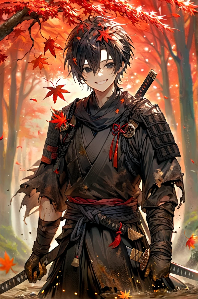 Ronin, Dirty, Long Hakama, Boy, Two sword, black eyes, black samurai hair, ragged body, Torn clothes, Smile, Maple leaf background, Nature Background.