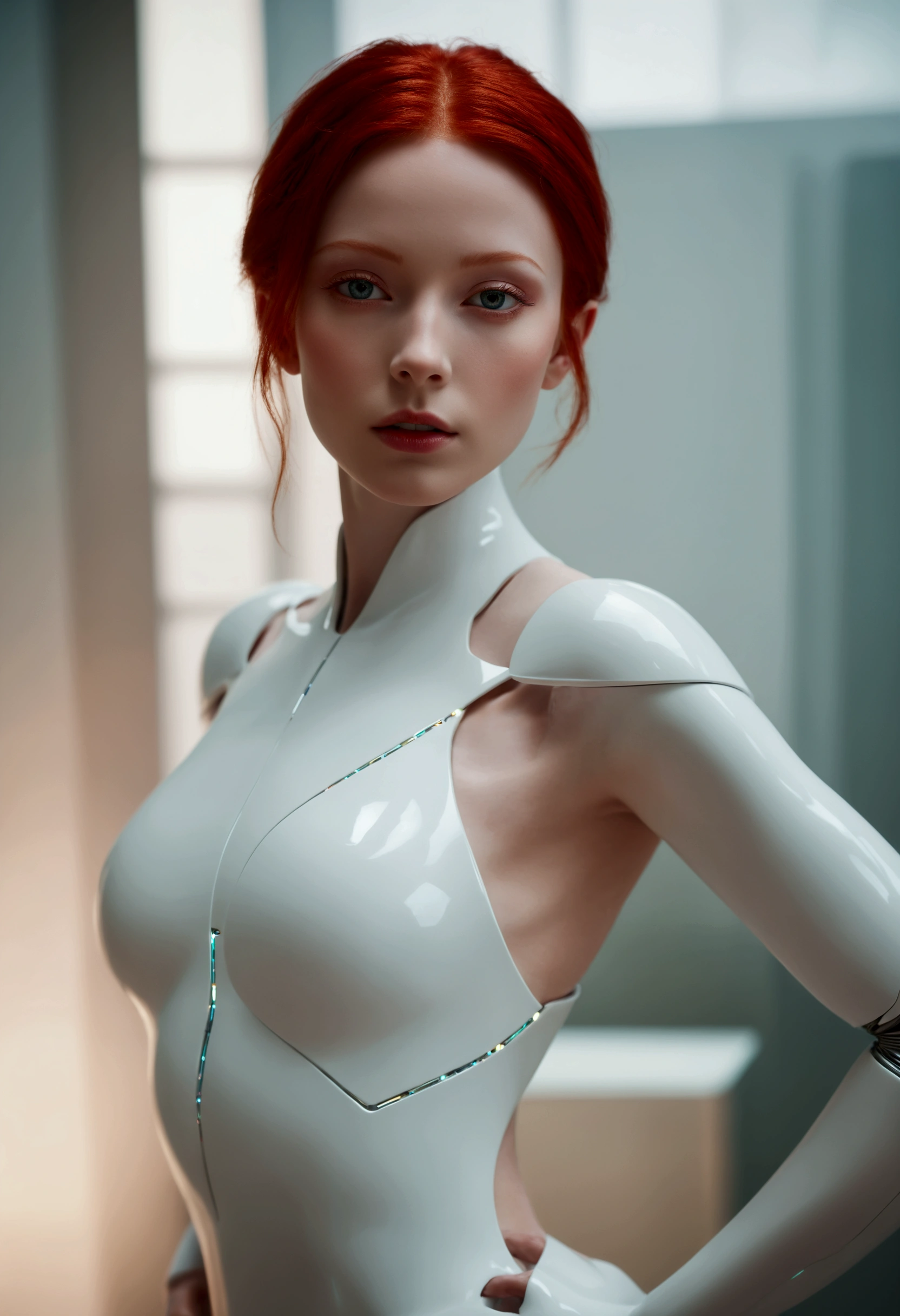 (best quality:1.2),futuristic photograph of a humanoid with perfect body,red hair,porcelain-like skin,and a delicate blend of human and cybernetic features,delicate shapes,sci-fi,studio lighting,vivid colors