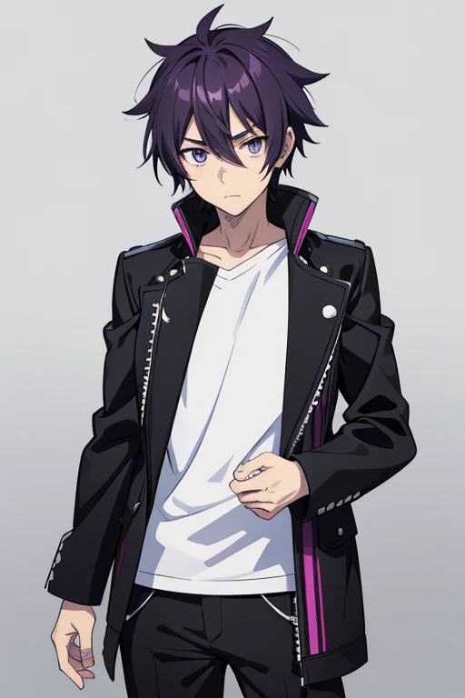 one man,black biker jacket,purple hair, short hair, spiky hair,Two Block hair,black eye,full body shot,stubble,,look at viewer,standing,white shirt,hand on hip,from front,white background,Anime handsome guy, Gap Moe Yandere Grimdark, Handsome men from Demon Slayer, Young Anime Guy, Male Anime Characters, Hajime Yatate, Handsome man, trigger anime art style, Anime Moe Art Style, inspired by Okumura Masanobu