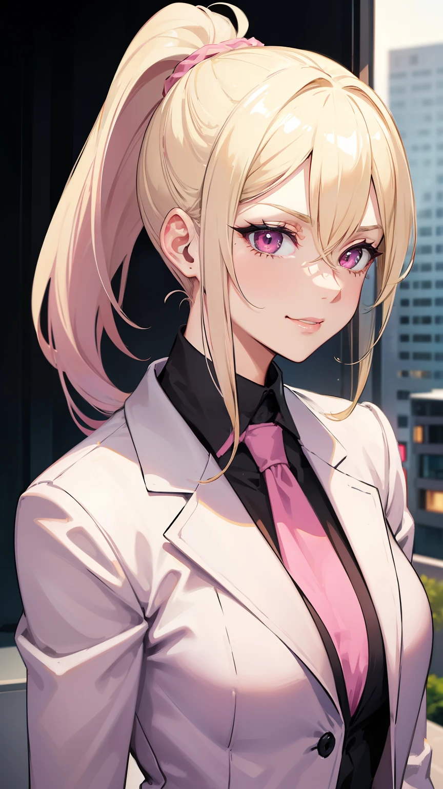 (((Adult woman))), (ponytail blonde hair), (Pink eyes), suit, smirk, morning city