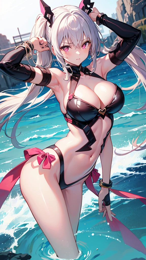 (masterpiece, best quality:1.2), solo, 1girl, dq8jessica, fluorescent pink eyes, expelled from paradise, , , Oculogyric crisis, low twintails, Perfect figure, heart-shaped