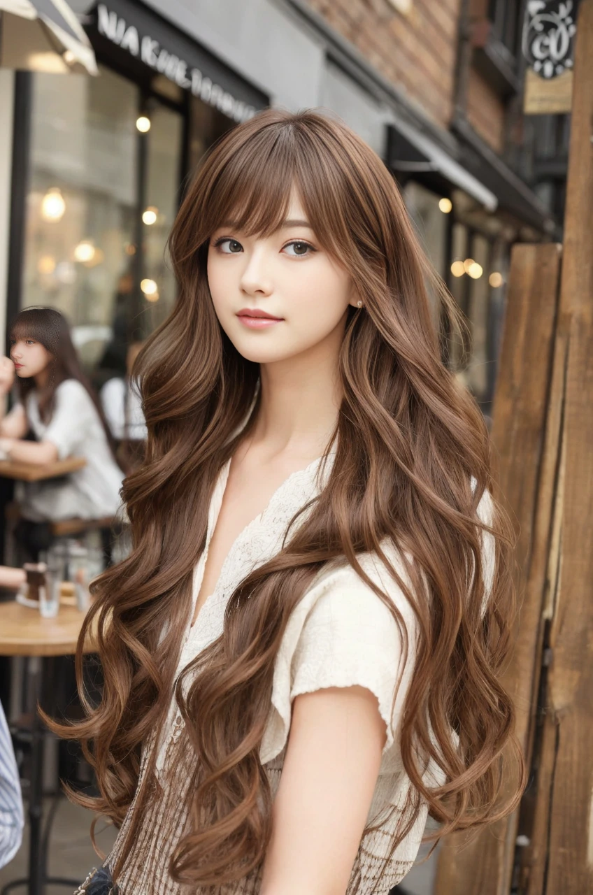 super high quality, Fashion Model, Slender, (8k、RAW Photos、highest quality、masterpiece:1.2), Japanese Idol, Serious expression, brown hair, Stylish café, Fashion magazine shooting, The cafe is crowded with people enjoying themselves., (Realistic、Photorealistic:1.37), Beautiful Face , bob hair, Mesh Hair, Normal chest, Urban Cafe, A gentle gaze, Spring Clothes, curly hair, Beautiful hairstyle, Neat clothes, 
