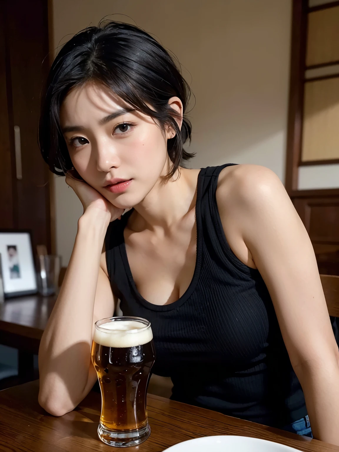(high quality:1.2,Ultra-realistic) 、Detailed face、Detailed eyes、Beautiful Japanese Women、32 talents、Random hairstyles for short hair and updos、Black Hair、Big Breasts,Cleavage、Tank top、Sitting at the table, (Angry expression、Watery eye、Half-open mouth、looking at the camera).Short Hair:1.5,Black Hair、Hold a large beer mug on the table、blush:2.0