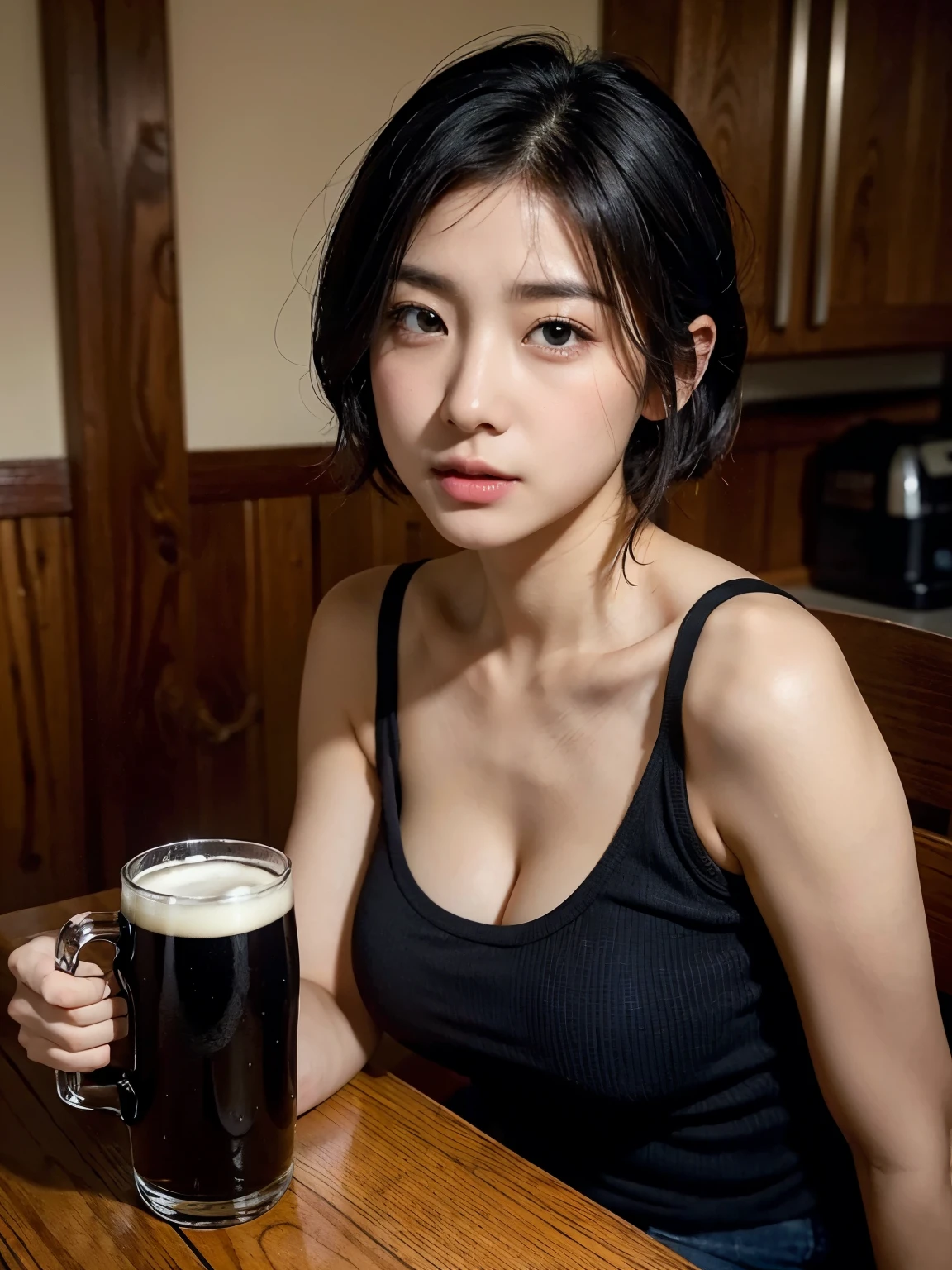 (high quality:1.2,Ultra-realistic) 、Detailed face、Detailed eyes、Beautiful Japanese Women、32 talents、Random hairstyles for short hair and updos、Black Hair、Big Breasts,Cleavage、Tank top、Sitting at the table, (Angry expression、Watery eye、Half-open mouth、looking at the camera).Short Hair:1.5,Black Hair、Hold a large beer mug on the table、blush:2.0