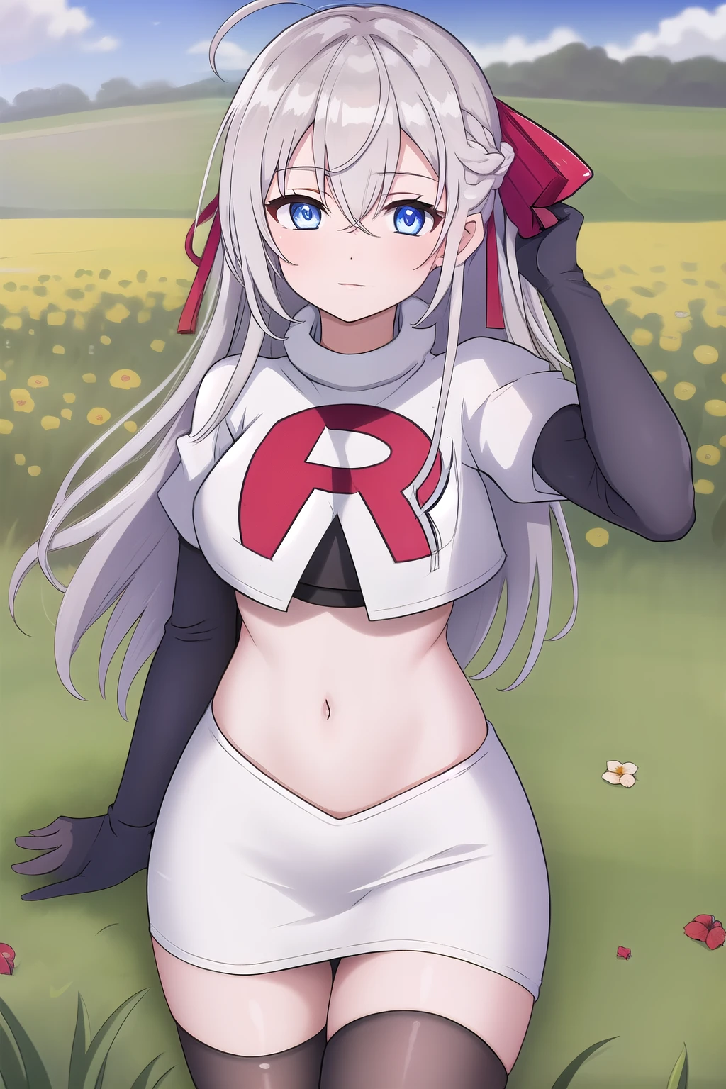 alisa,1girl,solo,long_hair,looking_at_viewer,bangs,blue_eyes,hair_between_eyes,hair_ribbon,ahoge,grey_hair,team rocket,team rocket uniform,white skirt,red letter R,crop top,black thigh-highs,black elbow gloves,flower_field