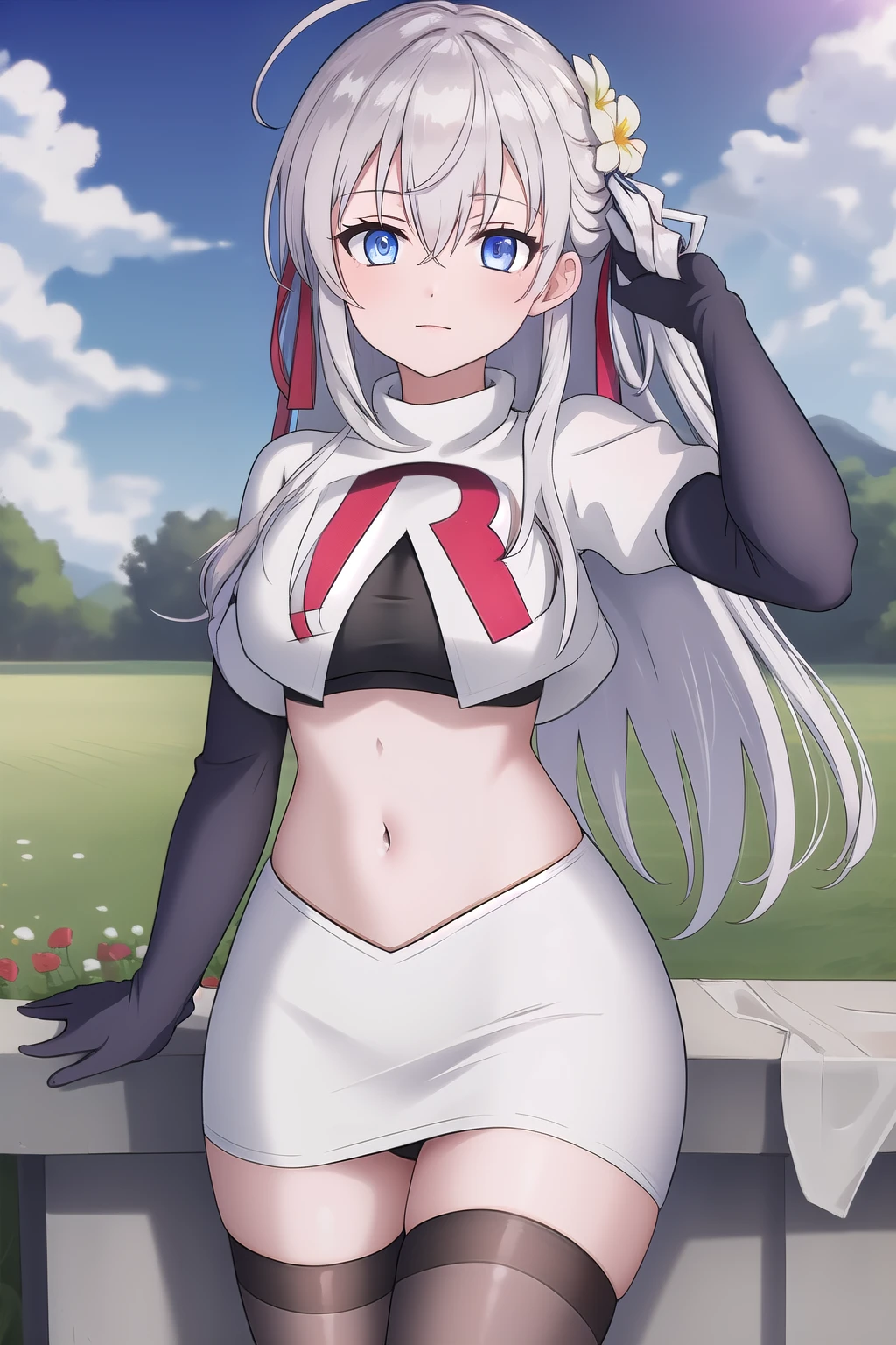 alisa,1girl,solo,long_hair,looking_at_viewer,bangs,blue_eyes,hair_between_eyes,hair_ribbon,ahoge,grey_hair,team rocket,team rocket uniform,white skirt,red letter R,crop top,black thigh-highs,black elbow gloves,flower_field