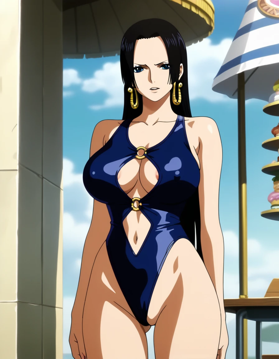 score_9, score_8_up, score_7_up, source_anime,masterpiece,best quality,highres,absurdres,official art,official style,source_anime,anime screencap,anime coloring,megami magazine,anime,animated,explicit,boa_hancock,long hair, black hair, earrings, large breasts, ,((areola slip)), ((Areola)),((nipple)), long hair, looking at viewer, Laege breasts, navel, o-ring, Standing, (White Seethrough swimsuit:1.3), ((focus on pussy)), from pussy