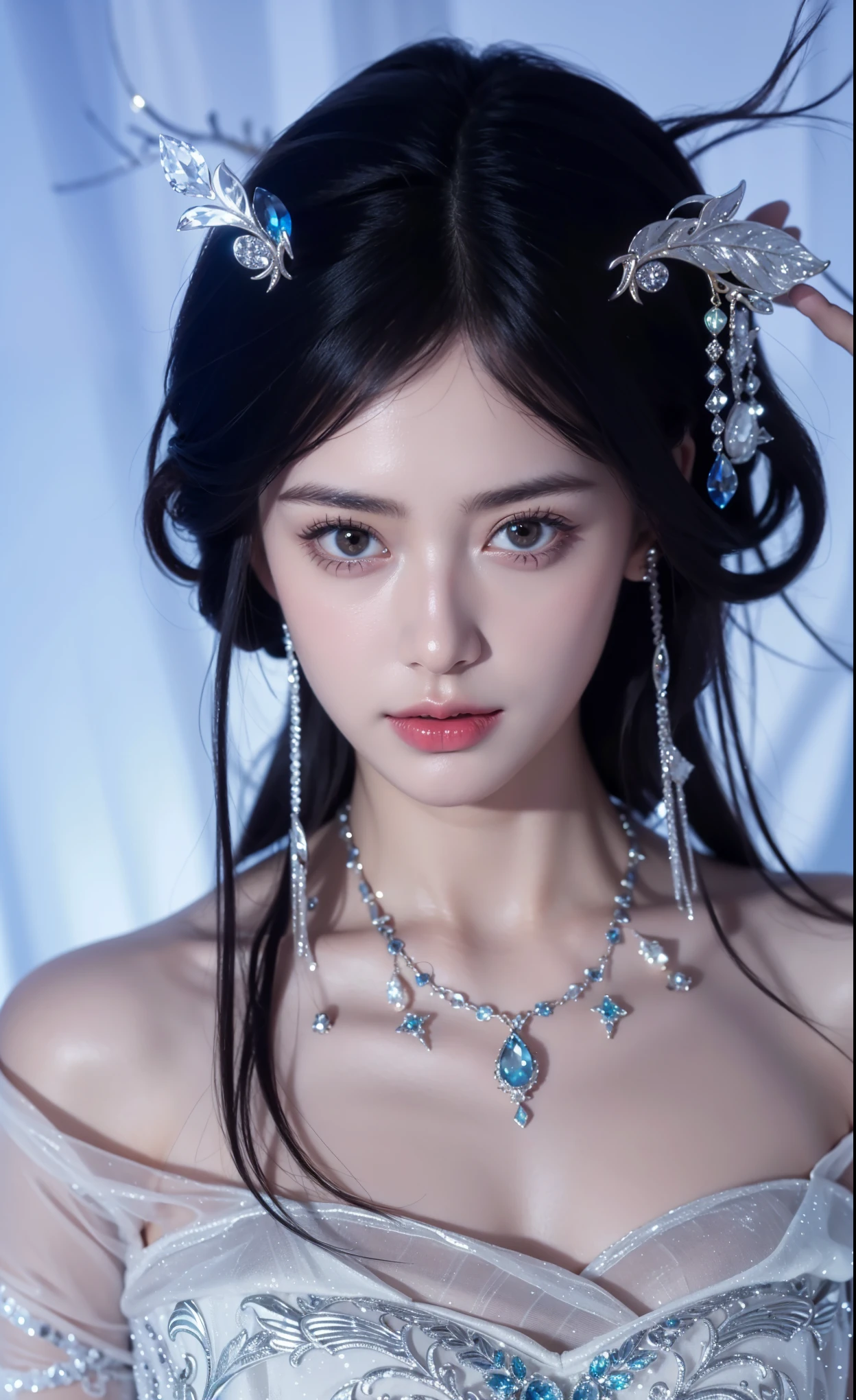 Very detailed, Delicate face, Photorealistic style, Stock Photography , Colorful, Surrealism, Realistic textures, Dramatic Lighting, Distiller 800 (8K, original photo, Better quality, masterpiece: 1.2), Very detailed, (Extremely delicate skin: 1.2), 8k Ultra HD, SLR camera, Soft Light, high quality, Frozen queen,, Snow Castle,Blue pupils,Wear red lipstick,Tattoo Queen,Gorgeous clothing,Gemstones, diamonds, gold jewelry,8k quality
