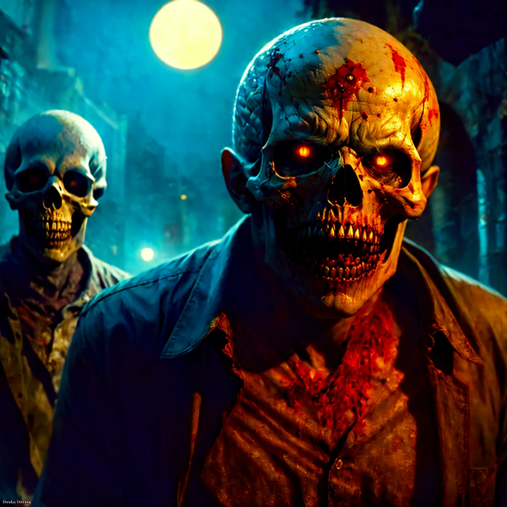 (masterpiece, best quality:1.2), ((RAW photo, Best quality)), (Realistic, photo-realistic:1.2) a evil zombie, blood, hottinig, ((horror, creepy)) , night, ((White eyes)). , angry. ((( Exposed brain))), ((Pale or greenish skin)), wounds, empty eyes, torn clothes, slow movements, guttural noises, aggressive and cannibalistic behavior, skull. Cinematic lighting.