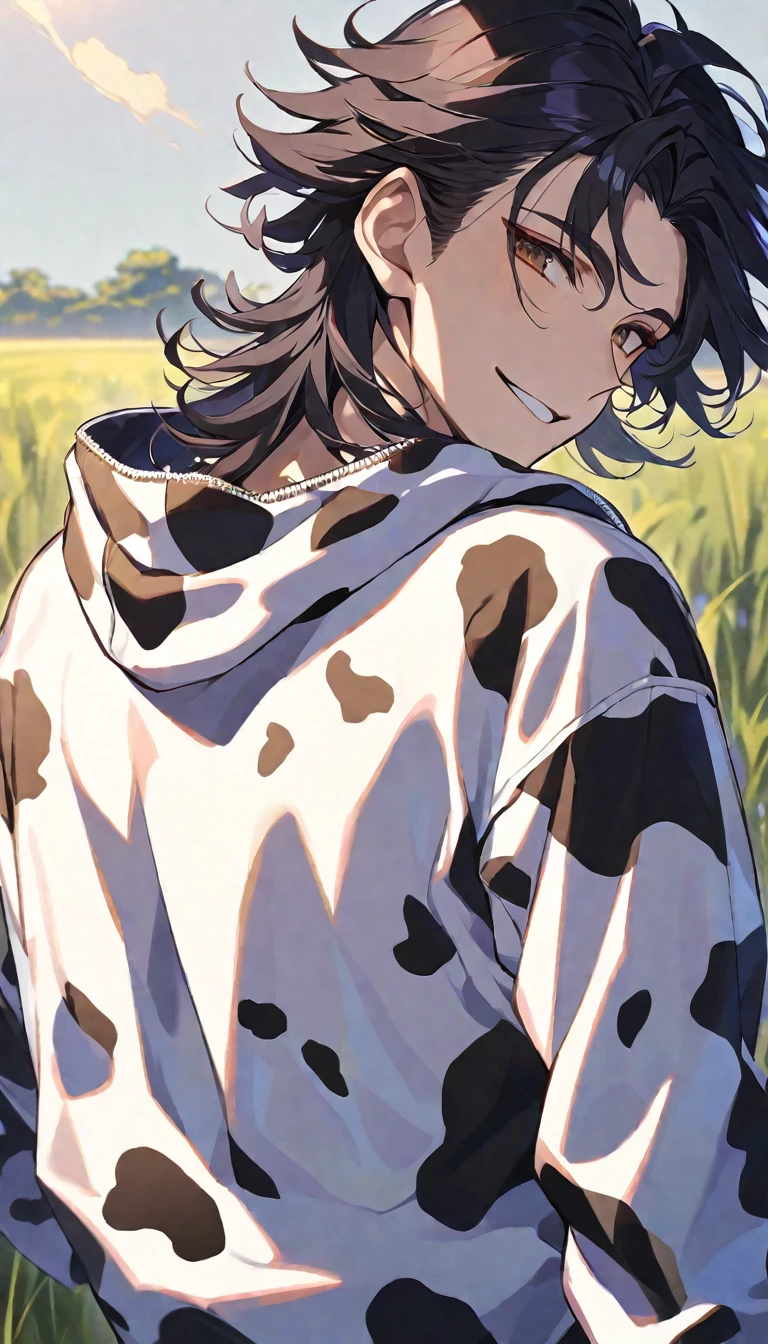 Solo,handsome,
1. male,
bangs,straight hair,Bob Hair,the back of one's neck,
black hair,
Gojo Satoru ,
brown Eyes,Soft look,
beautiful,sexly,Darkness,smile,Have a alcohol drink,
cow-patterned clothes, Full Zip Hoodie,morning sun,simple background ,
meadow background,