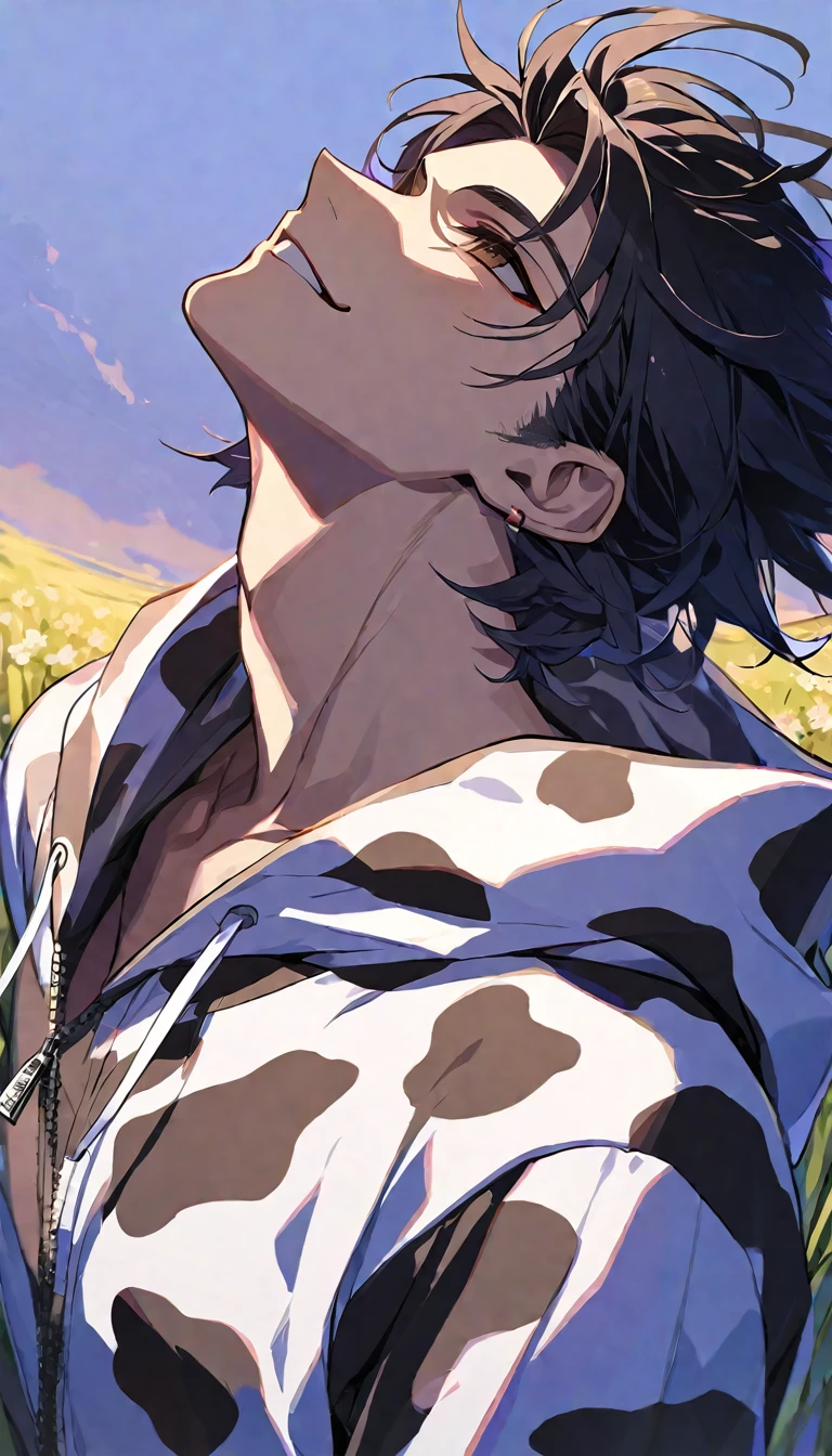 Solo,handsome,
1. male,
bangs,straight hair,Bob Hair,the back of one's neck,
black hair,
Gojo Satoru ,
brown Eyes,Soft look,
beautiful,sexly,Darkness,smile,Have a alcohol drink,
cow-patterned clothes, Full Zip Hoodie,morning sun,simple background ,
meadow background,