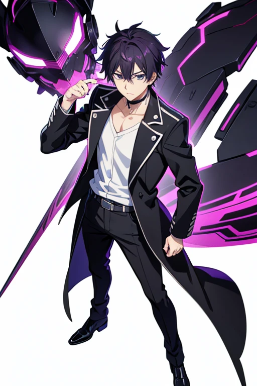 one man,black biker jacket,purple hair, short hair, spiky hair,Two Block hair,black eye,full body shot,stubble,15 years old,look at viewer,standing,white shirt,hand on hip,from front,white background,Anime handsome guy, Gap Moe Yandere Grimdark, Handsome men from Demon Slayer, Young Anime Guy, Male Anime Characters, Hajime Yatate, Handsome man, trigger anime art style, Anime Moe Art Style, inspired by Okumura Masanobu