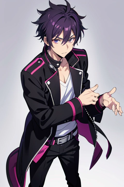 one man,black biker jacket,purple hair, short hair, spiky hair,Two Block hair,black eye,full body shot,stubble,15 years old,look at viewer,standing,white shirt,hand on hip,from front,white background,Anime handsome guy, Gap Moe Yandere Grimdark, Handsome men from Demon Slayer, Young Anime Guy, Male Anime Characters, Hajime Yatate, Handsome man, trigger anime art style, Anime Moe Art Style, inspired by Okumura Masanobu