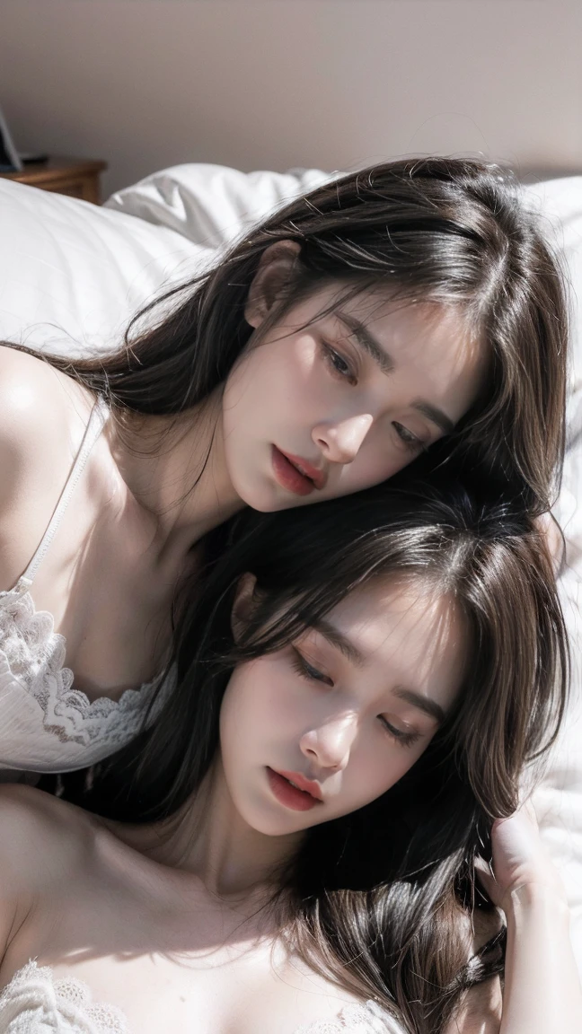 Create Best quality, masterpiece, ultra high res, photorealistic:1.5, raw photo, a realistic portrait of 2 girls, twin girl with long, fullbang hair, both crawl on the bed, white lace panties, (furrowed eyebrows), (closing eyes), (face turned sideways), from above, giving a sense of companionship and unity. (lying on the bed)