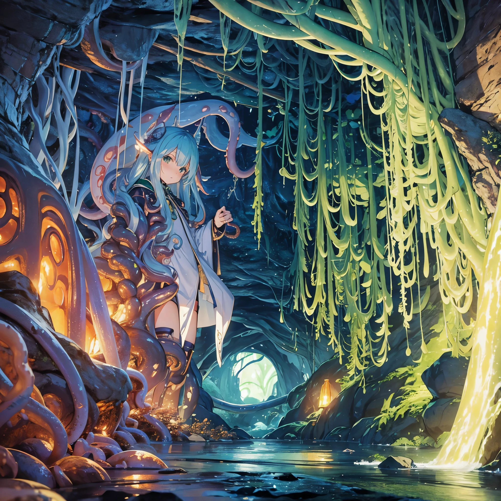 Tentacles、Tentaclesの魔物、Inside the cave、I'm damp、何本ものTentacles、Wavy、Feeling unwell、green、that&#39;Slimy、At the mysterious lake、muddy lake、greenの湖、greenの水、Water Drop、constrained