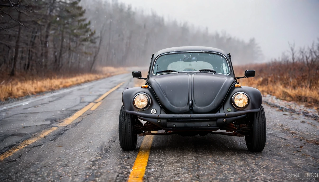 giant black alien beetle, walking along a desolate, deserted highway, while snow falls and dense fog moves, among abandoned cars, (apocalyptic image), (vibrant colors) ethereal, photo realistic detailed image, sharp focus, photography studio, xf iq 4, 1 5 0 0 0 0 mp, 5 0 mm, iso 2 0 0 , 1/1 6 0 s, realistic, natural light, octane rendering, adobe lightroom, thirds resolution, symmetrical balance, layers depth, polarizing filter, ..., hd, color optics, ..., hd, opaque color, masterpiece