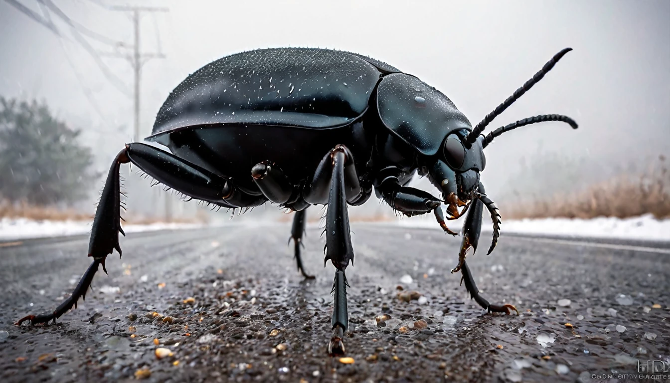 giant black alien beetle, walking along a desolate, deserted highway, while snow falls and dense fog moves, among abandoned cars, (apocalyptic image), (vibrant colors) ethereal, photo realistic detailed image, sharp focus, photography studio, xf iq 4, 1 5 0 0 0 0 mp, 5 0 mm, iso 2 0 0 , 1/1 6 0 s, realistic, natural light, octane rendering, adobe lightroom, thirds resolution, symmetrical balance, layers depth, polarizing filter, ..., hd, color optics, ..., hd, opaque color, masterpiece