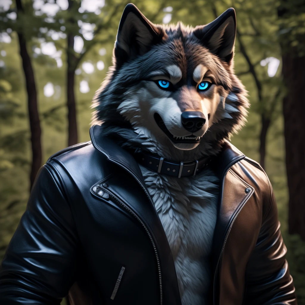 Posing, Male, 30 years old, eyeliner, black leather jacket, anthro, wolf ears, (black fur:1.5), wolf, forest background, 8k, hi res, (best quality, masterpiece), (wolf tail:1.5), detailed fur, solo, blue jeens, blue eyes, collar, big evil grin,