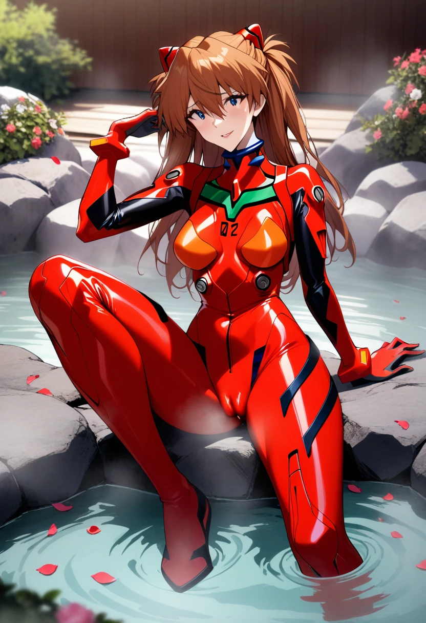 masterpiece, best quality, very aesthetic, absurdres, 1girl, mature_lady, ,,souryuu asuka langley, neon genesis evangelion, rebuild of evangelion, plugsuit, pilot suit, red bodysuit,,in hot spring,Onsen,surrounding by flowers,falling_petals, petals,,covered_pussy