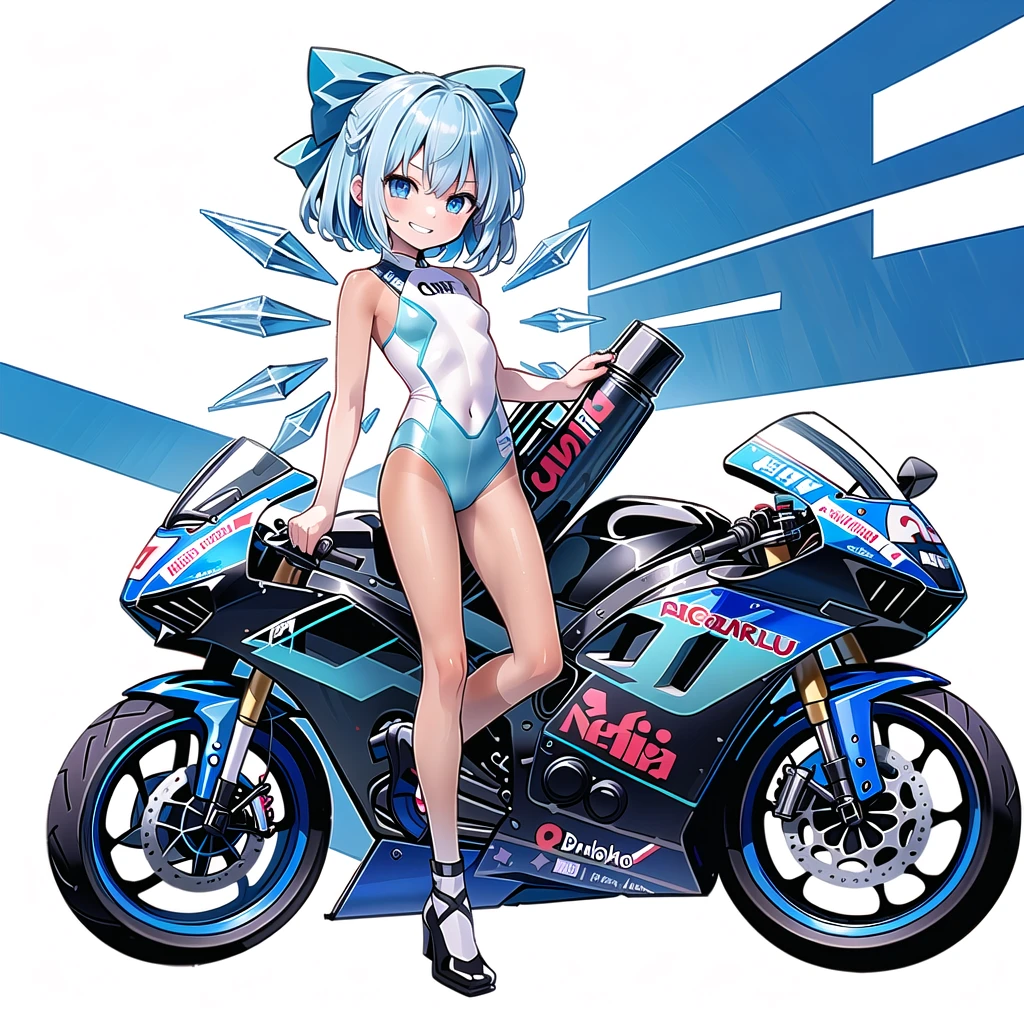 (((one girl))),(((tanned cirno))), (touhou),(((short hair,blue hair))),ice wings,(((blue eyes))),(((bangs))),(((motorcycle racing wear))),(((blue hair bow))),(((grin))),(((full body))),(((small breasts))),(((simple white background))),(((from front)))