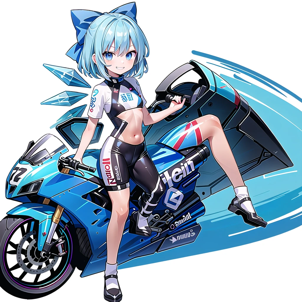 (((one girl))),(((tanned cirno))), (touhou),(((short hair,blue hair))),ice wings,(((blue eyes))),(((bangs))),(((motorcycle racing wear))),(((blue hair bow))),(((grin))),(((full body))),(((small breasts))),(((simple white background))),(((from front)))