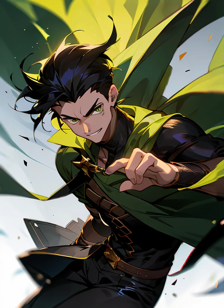1 , handsome fashion hair,blackhairhighlightgreen, fanstasy, smile face, male ,fantasy, rogue, dragger with blackshortsword, darkness wolrd, bad , 21 yearold, fasionhair