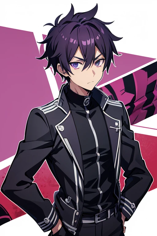 one man,black biker jacket,purple hair, short hair, spiky hair,Two Block hair,black eye,full body shot,stubble,,look at viewer,standing,white shirt,hand on hip,from front,white background,Anime handsome guy, Gap Moe Yandere Grimdark, Handsome men from Demon Slayer, Young Anime Guy, Male Anime Characters, Hajime Yatate, Handsome man, trigger anime art style, Anime Moe Art Style, inspired by Okumura Masanobu