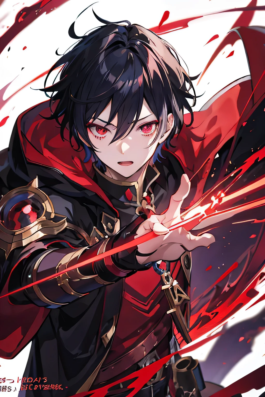 Anime boy with red light in hand, shadow young wizard, Epic anime style, anime key artโดยละเอียด, Shadowverse style, Fantasy style anime, Demon Man, anime key art, conjunctivitis, black hair, ' solid