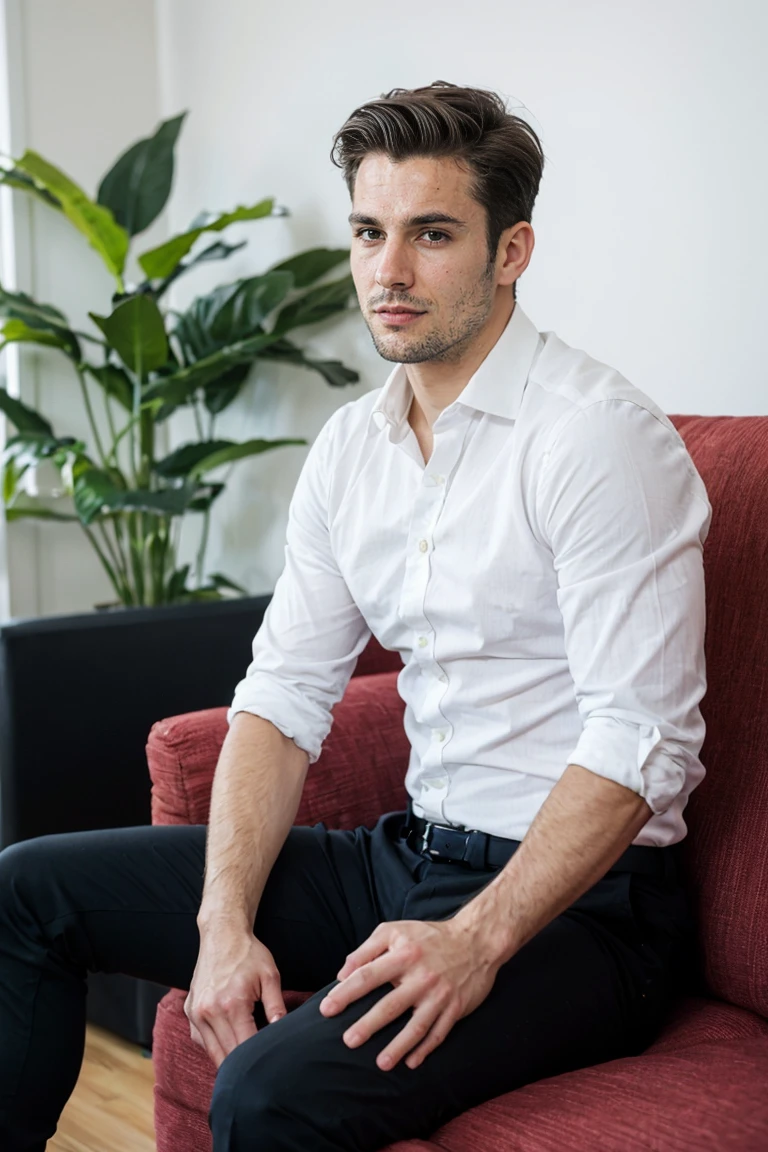 Realistic photo of handsome men , sitting on sofa ,office living room