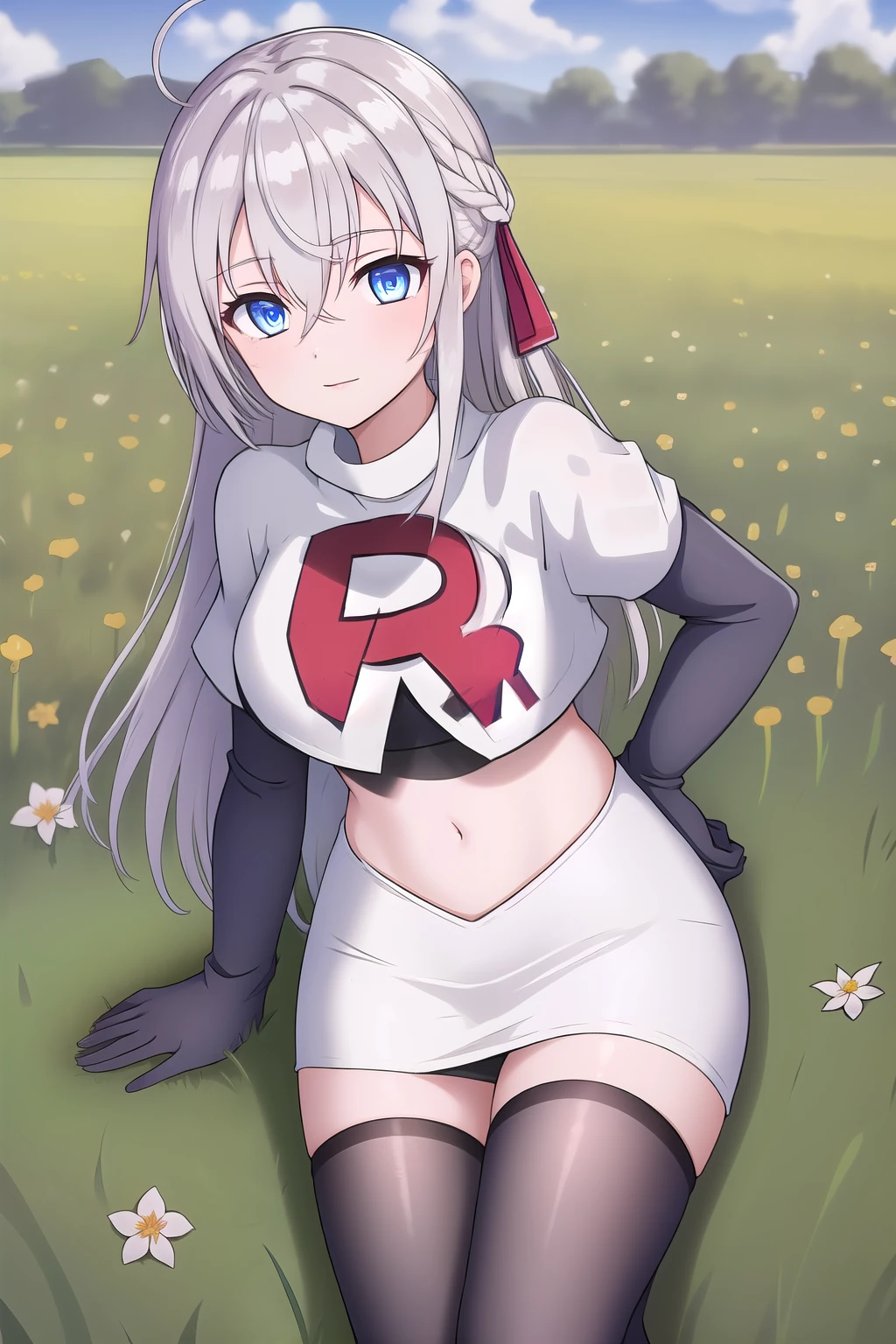 alisa,1girl,solo,long_hair,looking_at_viewer,bangs,blue_eyes,hair_between_eyes,hair_ribbon,ahoge,grey_hair,team rocket,team rocket uniform,white skirt,red letter R,crop top,black thigh-highs,black elbow gloves,flower_field