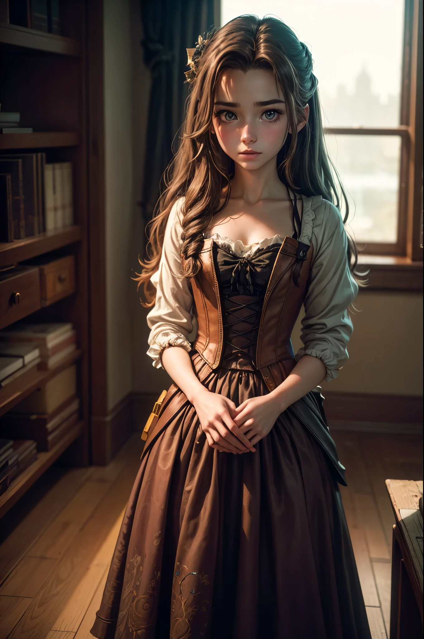 (photography of a 20 year old Aerith Gainsborough), (no close-up), highly detailed face, (smile:0.7) (background inside dark, moody, private study:1.3), steampunk pirate's airship, nikon d850, film stock photography, for kodak portra 400 ,camera f1.6 lens, bokeh, analog style, rich colors, hyper realistic, lifelike texture, dramatic lighting, cinestill 800, messy hair, serious, (freckles:0.4), pale skin, cute sexy