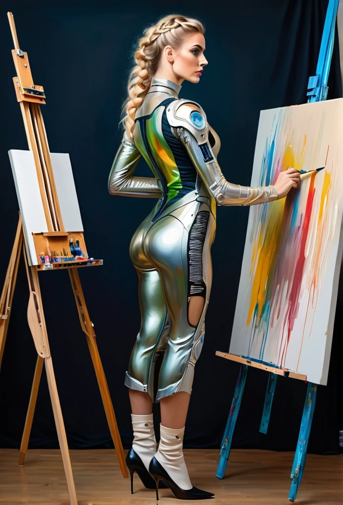 (full-length:1.1), sexy cyborg woman, self-portrait, oil paints, (french braid:1.1), (blonde hair:1.1), easel, paints, artist, standing